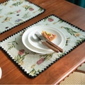 Floral embroidered red placemat set with black lace trim for festive table decoration - Jacquard Narcissus Embroidery with Black Scalloped Edge