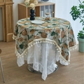 Double-layer round tablecloth with orange floral pattern, lace edges, and tassels - Jacquard Beige Yellow Flower Style (Curved Tassel)