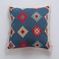 Navy blue bohemian square throw pillow cover with geometric jacquard and cream tassels - Jacquard Blue Emblem