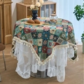 Bohemian round tablecloth set with ethnic geometric patterns and white lace edges - Jacquard Rhombus Green Series Style (Curved Tassel)