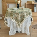 Dual-layer green floral round tablecloth with beige fringe and lace details - Jacquard Green Oil Painting Style (Curved Tassel)