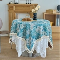 Blue floral jacquard round tablecloth with tassels and white lace layering - Jacquard Blue Oil Painting Style (Curved Tassel)