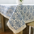 Retro blue floral cotton linen tablecloth with elegant white lace border trim - 140*220cm / Blue and White Porcelain