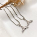 Marine style silver necklace with micro-pave zircon whale tail pendant and box chain - Silver Whale Tail Necklace (25110216)