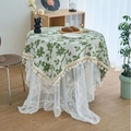 Green jacquard floral round tablecloth with cream tassels and lace layering detail - Jacquard Green Rose Style (Curved Tassel)