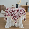 Double-layer round tablecloth featuring red floral patterns, beige tassels and white lace - Jacquard Red Rose Style (Curved Tassel)