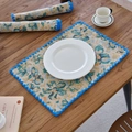 Jacquard fabric placemat set with floral pattern and blue crochet borders for dining table - Standard / Azure Garden With Blue Scalloped Edge