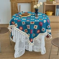 Deep cyan knit round tablecloth with geometric patterns and floral lace trim layer - Jacquard Blue Badge Style (Curved Tassel)
