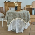 Double-layer round tablecloth with blue floral pattern and elegant lace embroidery - Jacquard Bouquet Style (Curved Tassel)