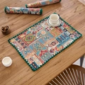 Green bohemian jacquard placemat with intricate embroidery and woven fringe tassels - Standard / Green Emblem With Green Scalloped Edge