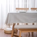 Rectangle navy checkered linen tablecloth with delicate cream cotton tassels for home decor - Small Rectangular Style / Grid Tassel Style