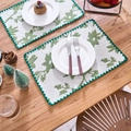 Rectangle white dining placemat with green leaf print and pom-pom trim border - Jacquard Green Rose Green Edge
