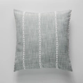 Gray linen textured square pillow cover with white embroidered leaf stripes - Standard Size