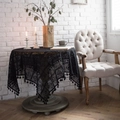 Round black crochet tablecloth with intricate lace patterns and elegant fringe details - 140*220cm / Black Plaid Crochet With Tassel