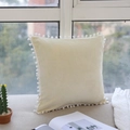 Square cream velvet pillow cover with white pom-pom trim for sofa decor - Decorative Pillow Cover / Beige