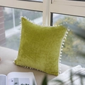 Grass green velvet square pillow cover with white pom-pom trim and soft texture - Decorative Pillow Cover / Grass Green