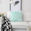 Soft light mint green shaggy faux fur square cushion cover on white sofa - 30x45cm / Blue
