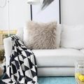 Light brown faux sheepskin fur pillow cover and geometric knit throw blanket set - 30x45cm / Brown