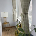 Off-white cotton rope tieback with tassels on green plaid curtain in a cozy room - Grommet 140*215CM / Grey Plaid