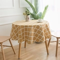 Ginger yellow round cotton linen tablecloth with white geometric grid patterns - Round 150cm / Yellow Rhombus