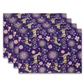 Set of 4 purple Bohemian placemats featuring deer and floral illustration pattern - 32x45cm / Purple Deer