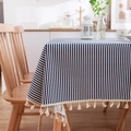 Nordic navy blue and white striped tablecloth with beige pom pom fringe decoration - 60*60cm / Navy Fine Stripe (Tassel Fringe)