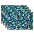 Set of 4 bohemian placemats featuring navy blue deer and floral patterns - 32x45cm / Blue Deer