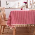 Japanese style red and white striped linen tablecloth with decorative beige tassels - 60*60cm / Red Fine Stripe (Tassel Fringe)