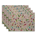 Set of four Bohemian placemats with cartoon rabbits and floral prints on cotton linen - 32x45cm / Little Rabbit