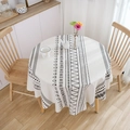 Bohemian style round linen tablecloth with black and white geometric print for dining tables - Black Abstract Geometric / Round 150cm