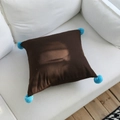 Brown geometric cotton linen pillow with vibrant blue pom-poms on a white sofa - 45x45cm / Coffee with Blue Pom-poms