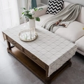 Minimalist beige cotton linen tablecloth with geometric patterns and white pom-pom fringe - White Checker (Oatmeal Triangle Grid)