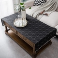 Black cotton linen table runner with white geometric grid and decorative pom-pom fringe - Black Checker (Triangle Grid)