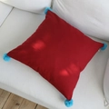 Red cotton linen lumbar pillow with light blue pom-poms on corners for sofa decor - 45x45cm / Maroon with Blue Pom-poms