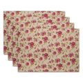 Set of four bohemian placemats featuring pink rose floral patterns on beige cotton linen fabric - 32x45cm / Rose