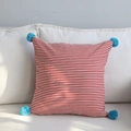Square lumbar pillow with red and white stripes and blue pom-poms for sofa decor - 45x45cm / Red Thin Striped with Blue Pom-poms