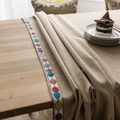 Linen texture tablecloth in light brown with colorful circular embroidery pattern - 140x260cm / Coffee (Embroidered Edges)