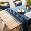 Dark blue rectangular tablecloth with geometric embroidery and matching cushion cover - 140x260cm / Navy Blue (Embroidered Edges)