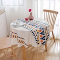 Bohemian round tablecloth with geometric patterns and fringe on cream cotton linen fabric - Round 150cm / Multicolor Geometric