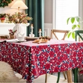 Floral cotton linen tablecloth with vintage red and blue patterns for home dining - 140x260cm / Large Red Flower Without Lace