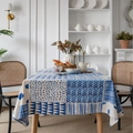 Linen cotton tablecloth with blue and white geometric patterns for rectangular dining tables - 140*160cm / Blue Patchwork (No Tassels)