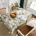 Rectangular boho tablecloth with dark green botanical leaf pattern on cream linen fabric - Green Pine Cones Without Lace. / 100*140cm