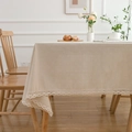 Beige table cloth with floral pattern and wide lace trim in a rustic home setting - 100*140cm / White Daisy Crochet Edge