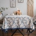 French country style rectangular linen tablecloth with blue floral patterns and lace edges - 100*140cm / Blue Rose Navy Style (With Lace Trim)