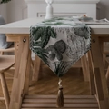 Chenille jacquard table runner with green leaf patterns and elegant beaded tassels - 35*140cm / Green Gray Floral