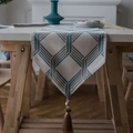 Modern white table runner with grey-blue geometric jacquard patterns and dark tassels - 35*140cm / Blue Square Jacquard With Tassels