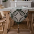 Beige table runner with green leaf pattern and brown tassels for dining decor - 35*140cm / Green Clover Jacquard With Tassels