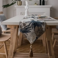 Navy blue chenille jacquard table runner with leaf patterns and elegant tassel detail - Navy Brown Flower Jacquard With Tassels