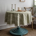 Tovaglia rotonda in cotone e lino verde con righe a rombi bianchi e nappe beige - 150cm Rotondo / Verde Beige Multi-Righe