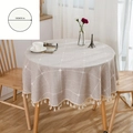 Nappe ronde aspect lin beige avec motifs à carreaux blancs et franges 150cm - 150cm Rond / Café Fleur Gland
